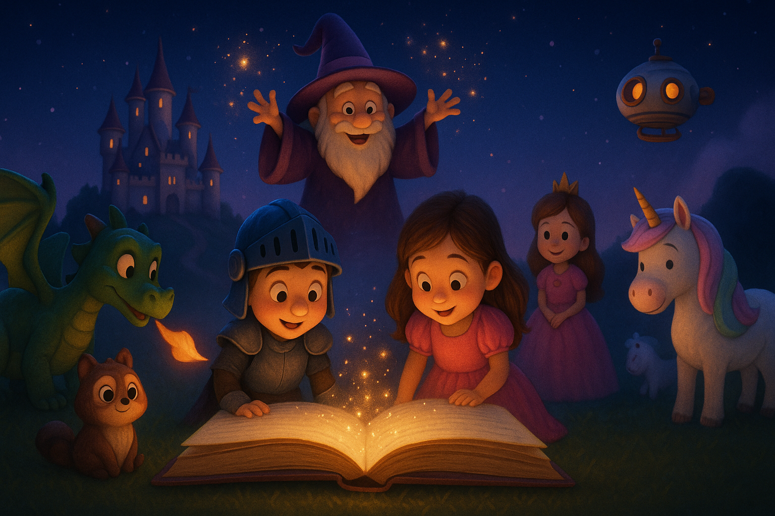 Scène magique autour d’un livre lumineux